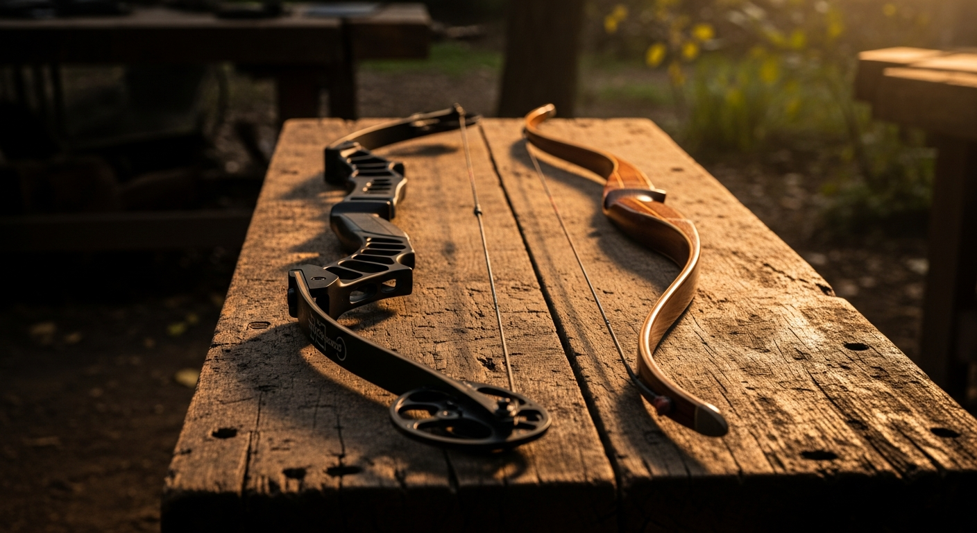 Compound bow and recurve bow side by side on a table